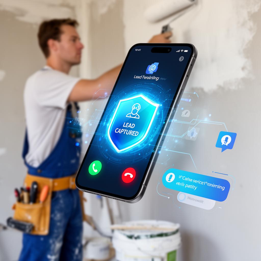 Smartphone displaying "Lead Captured" notification with painter in background, emphasizing AI lead capture for painting contractors.