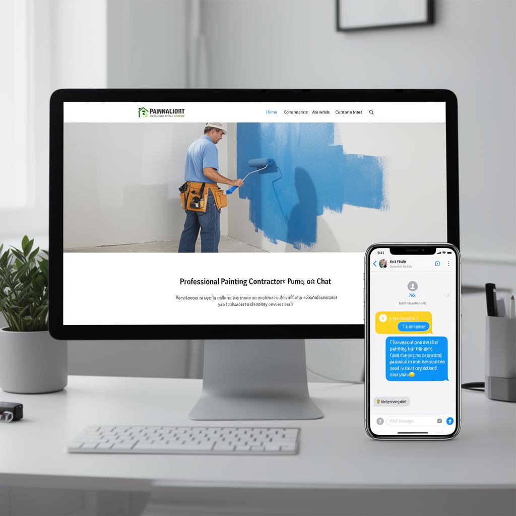 Professional painting contractor using a paint roller on a website showcasing painting services, with a smartphone displaying chat features for customer inquiries.