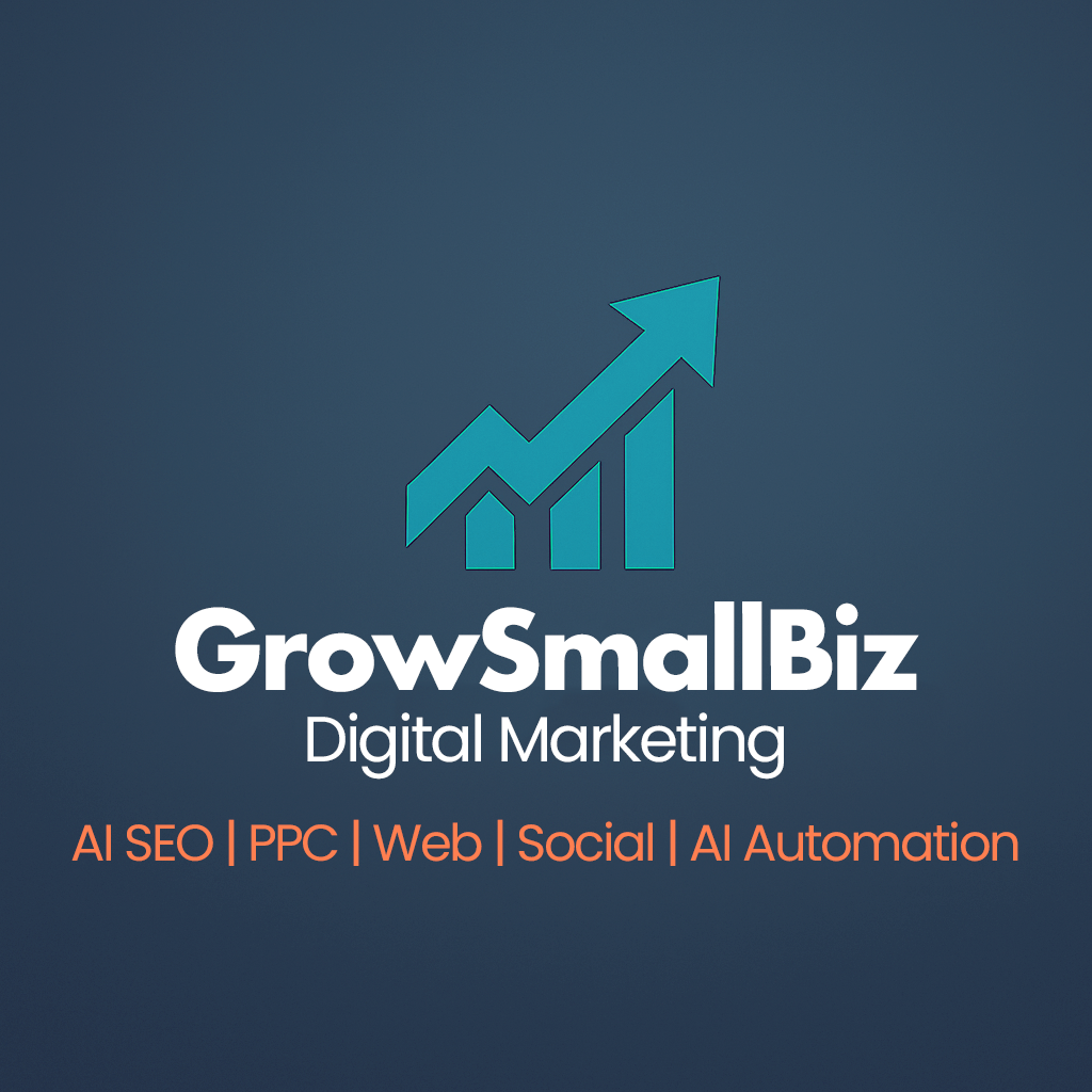 GrowSmallBiz logo featuring digital marketing services for painting contractors, emphasizing AI SEO, PPC, web, social media, and automation.