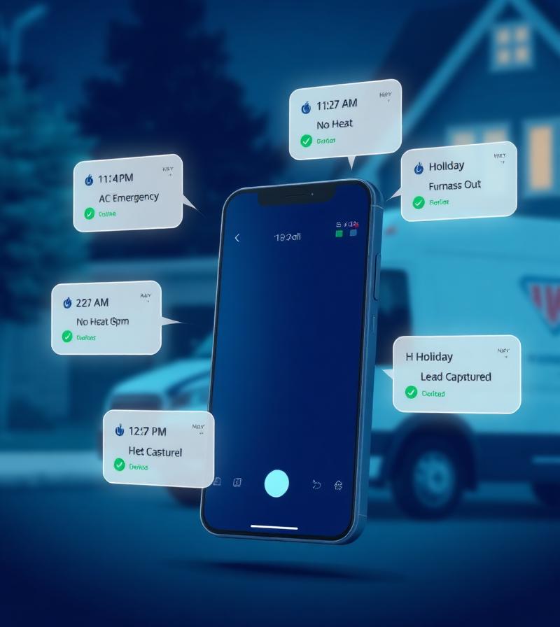 Smartphone displaying HVAC service notifications, including "AC Emergency," "No Heat," and "Lead Captured," against a backdrop of a service vehicle, illustrating automated marketing solutions for HVAC contractors.