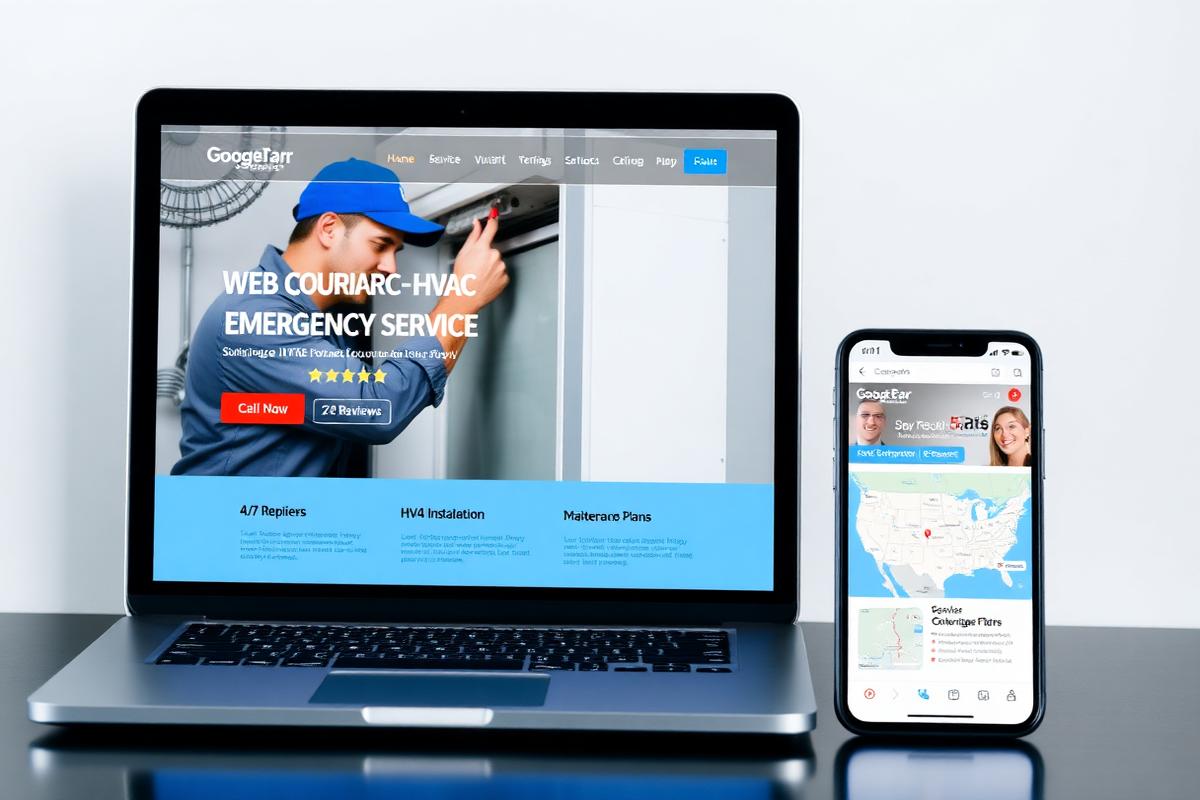 Laptop and smartphone displaying HVAC emergency service website, featuring service details, star ratings, and contact options, emphasizing digital marketing solutions for HVAC contractors.