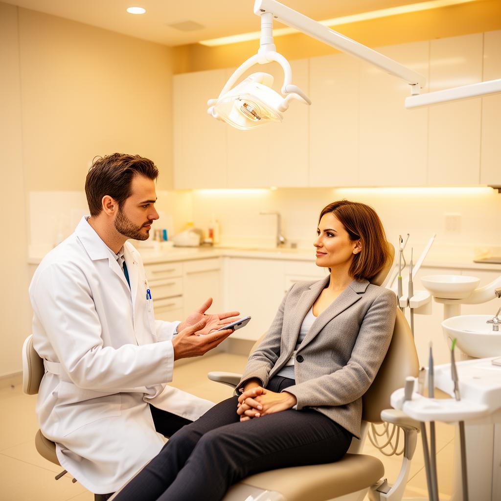 Dentist consulting with patient in modern dental office, discussing treatment options and patient care, emphasizing dental marketing services by GrowSmallBiz.