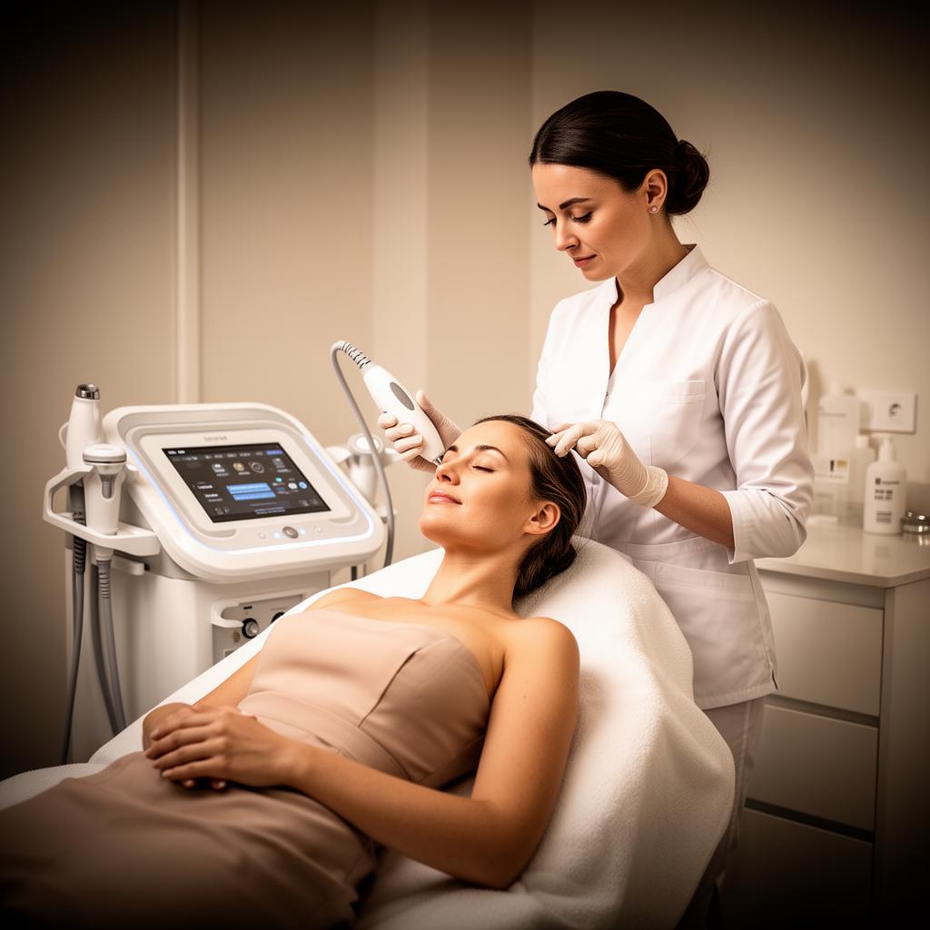 Woman receiving a skincare treatment in a med spa, with a technician using advanced equipment, highlighting AI-powered beauty solutions for client acquisition.