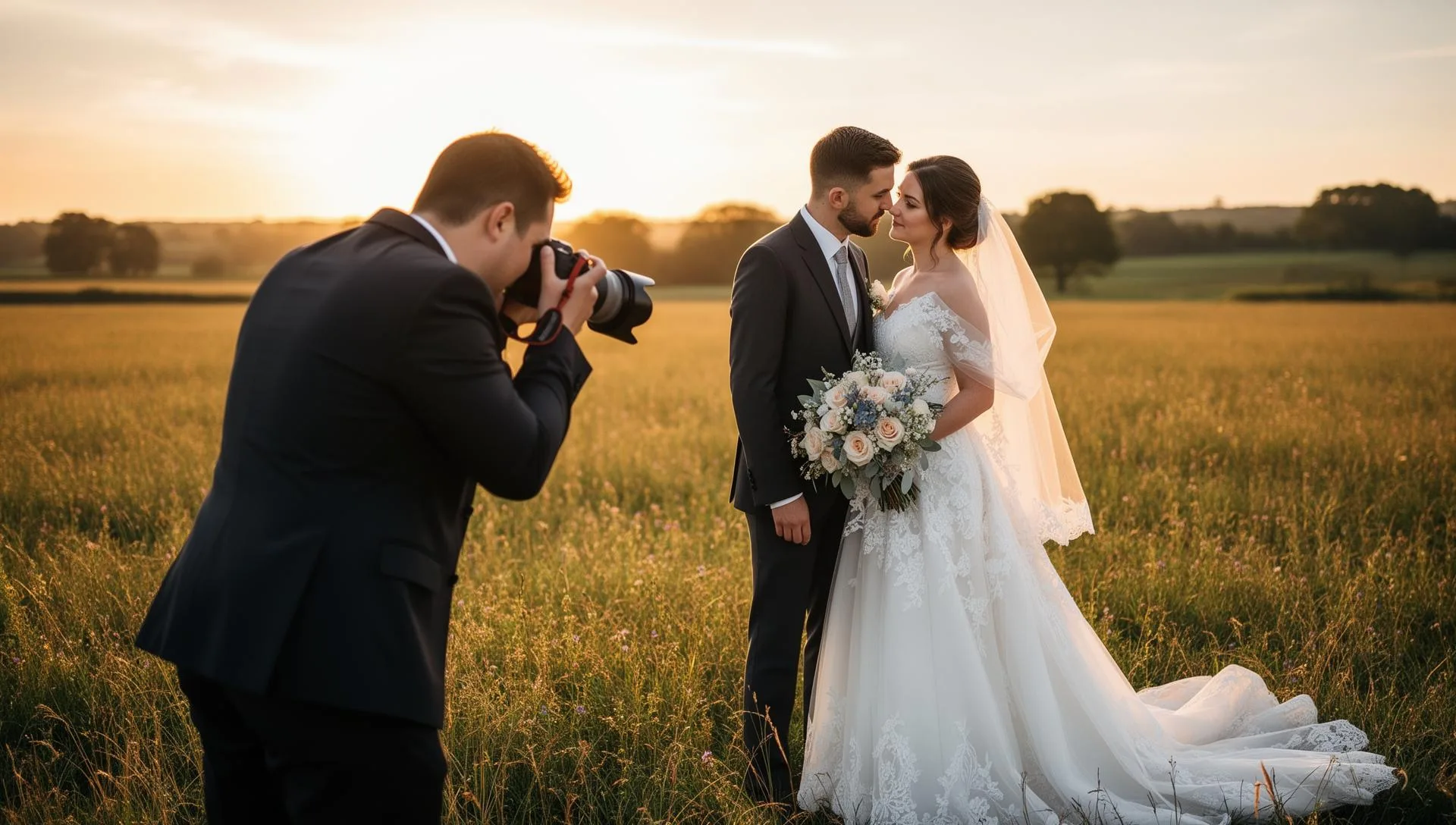 Photographer capturing a romantic moment between a bride and groom in a sunlit field, showcasing wedding photography expertise.