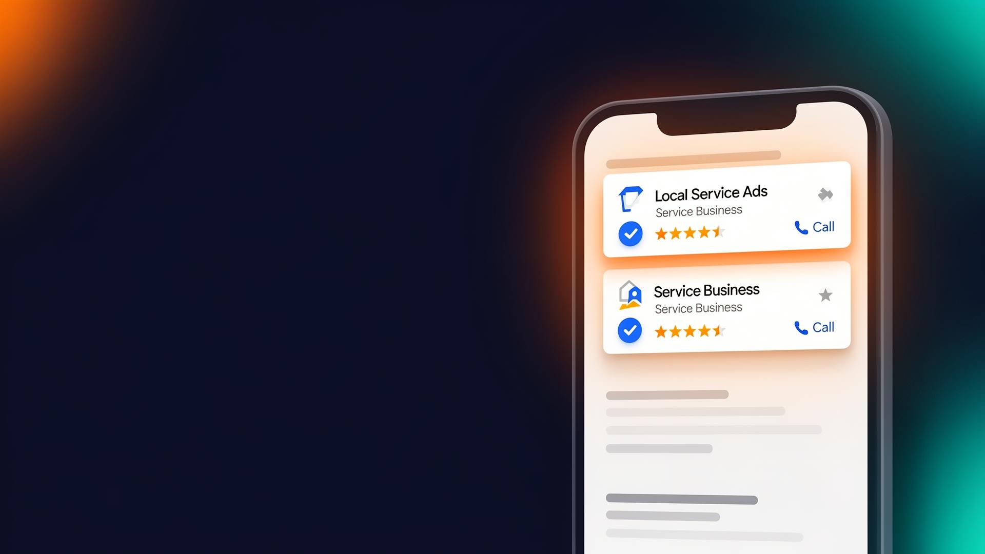 Smartphone screen displaying Google Local Service Ads with verified badges and star ratings for service businesses, emphasizing lead generation and visibility.