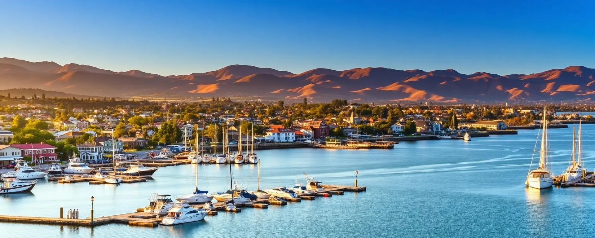 Scenic view of Martinez, CA, featuring a marina with boats, waterfront homes, and surrounding mountains under a clear blue sky, illustrating the local landscape for digital marketing services.