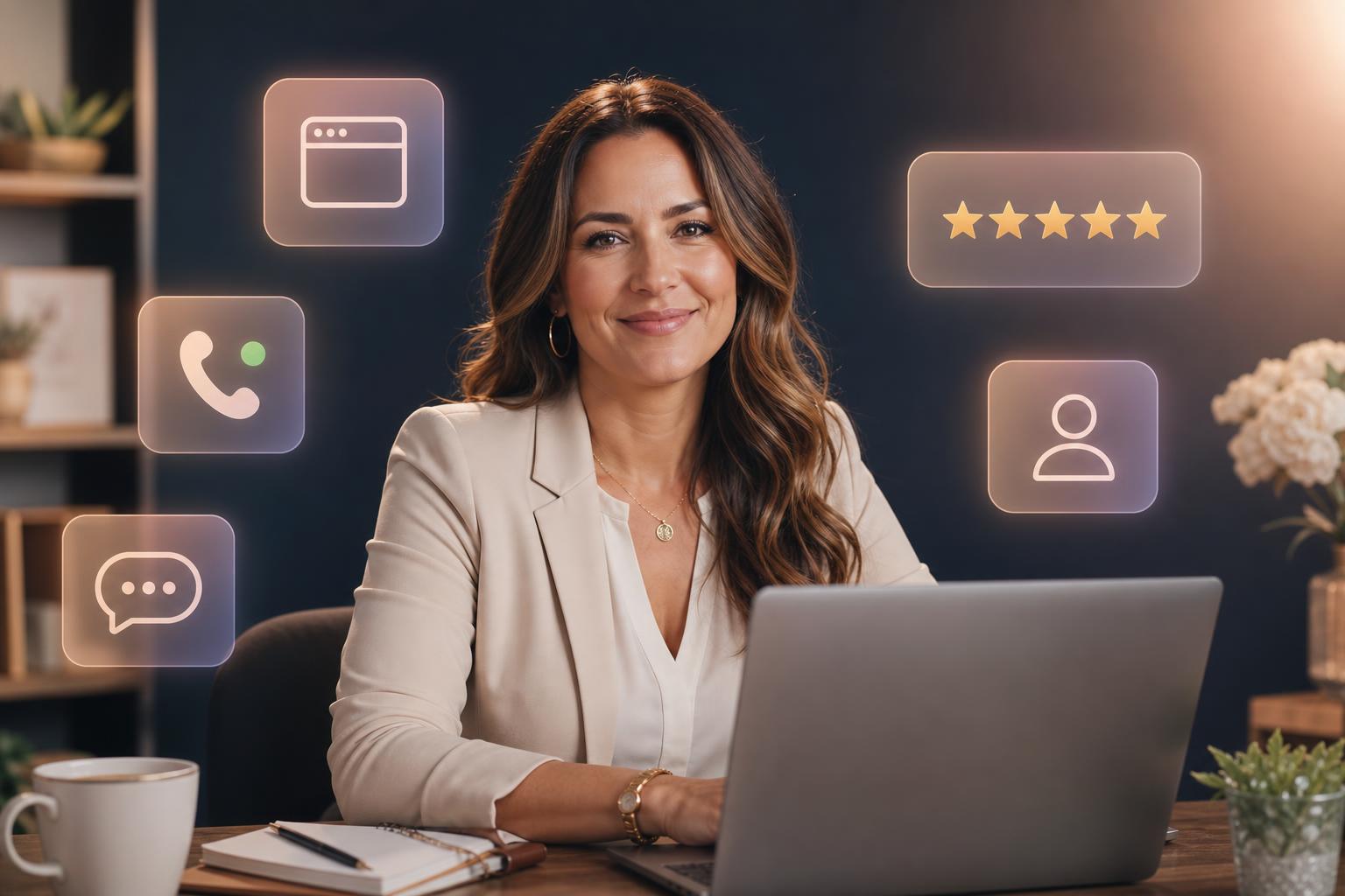 Mom-owned local service business owner with website, calls, chat, reviews, and CRM dashboard cards floating around her