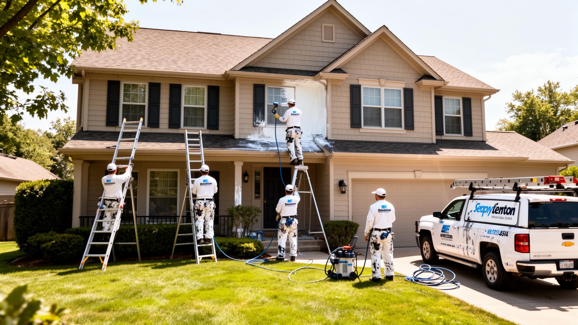 Painting contractors working on a residential home, using ladders and spray equipment, showcasing professional painting services for enhanced property appearance.