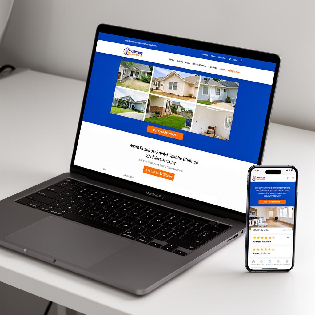 Laptop and smartphone displaying a website for a painting contractor, featuring images of homes, a prominent "Get Free Estimates" button, and branding for GrowSmallBiz, focused on marketing solutions for painting companies.