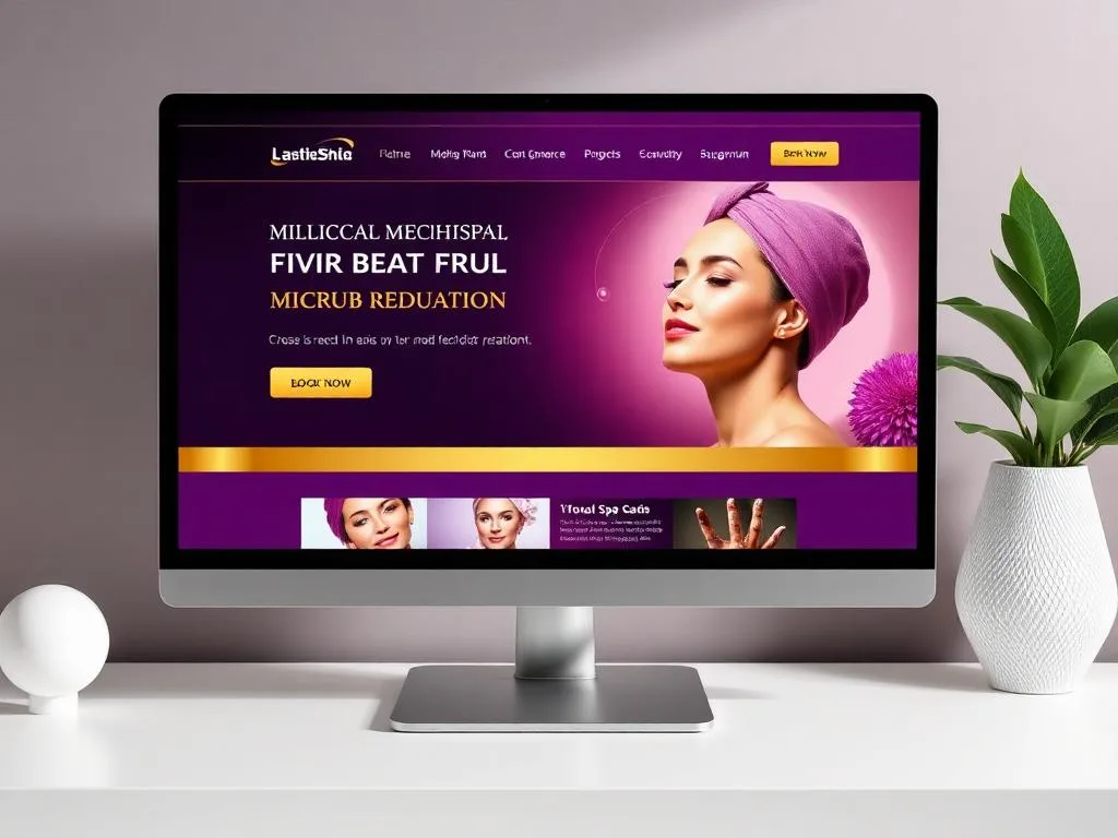 Computer display showcasing a vibrant med spa website with AI-powered marketing solutions, featuring a woman with a headwrap, promotional text for microneedling services, and a call-to-action button.