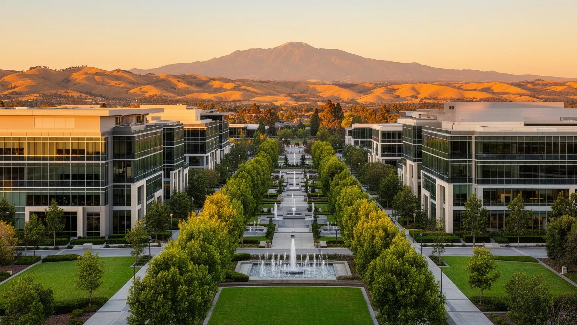 Modern office buildings with glass facades and landscaped gardens in San Ramon, CA, set against a backdrop of rolling hills and a mountain at sunset, symbolizing business growth and local service marketing by GrowSmallBiz.