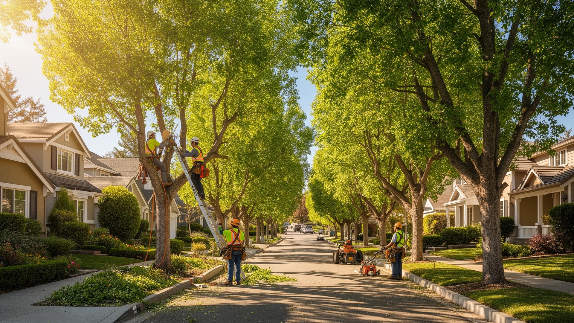 Tree service professionals pruning trees along a residential street, showcasing landscaping work in a vibrant neighborhood, emphasizing local tree care and maintenance.