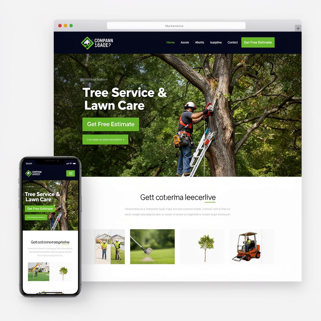 Tree service professional using a chainsaw while standing on a ladder, surrounded by greenery, featured on a website for tree service and lawn care marketing solutions.
